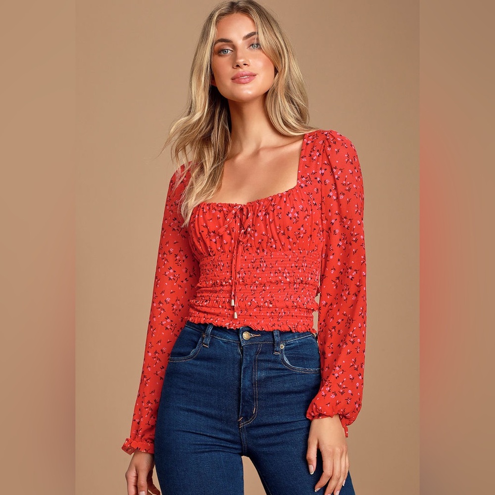Free People Lolita Red Floral Print Ruffled Crop Top | Size M